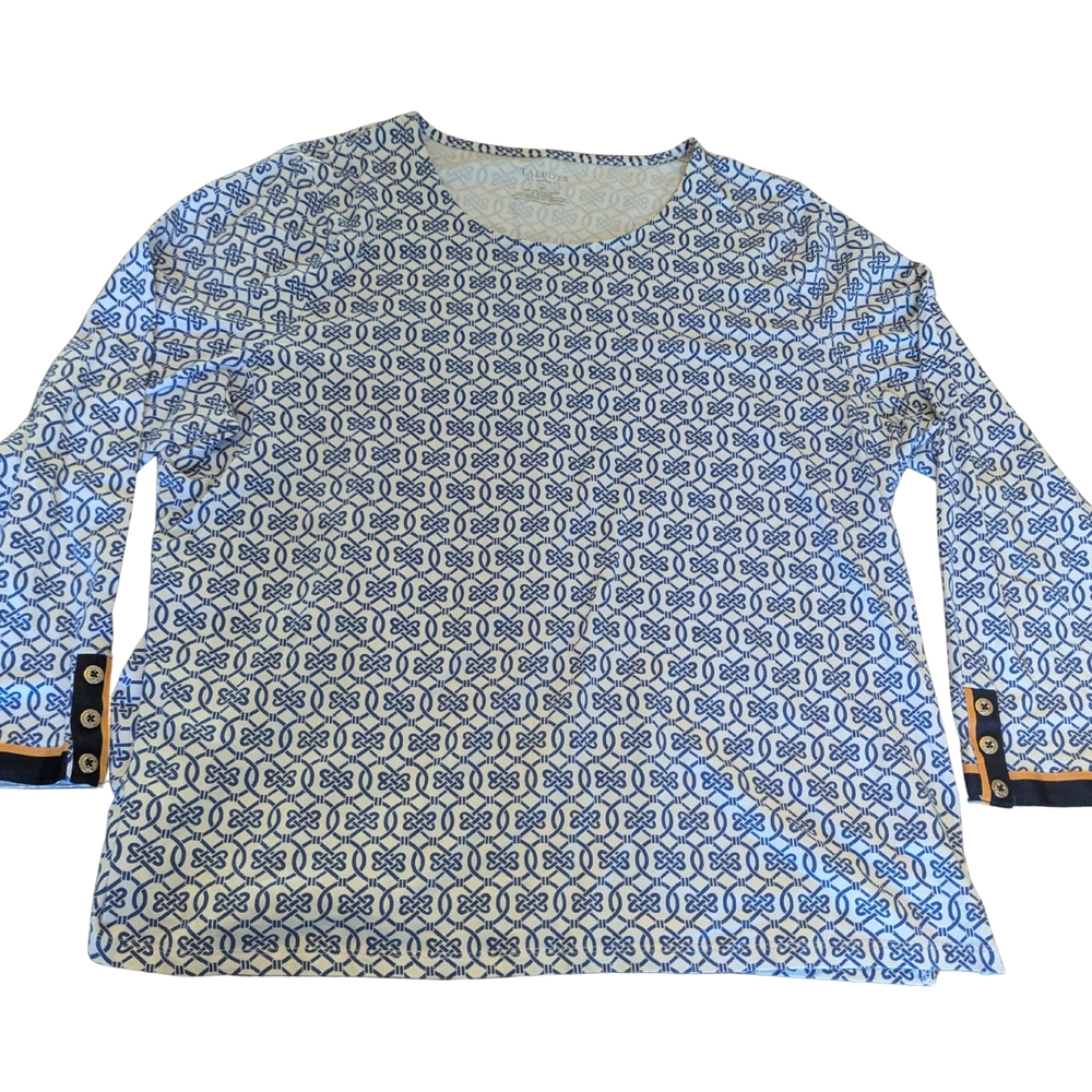 EUC Talbots Womans 3X Geometric Blue White Long Sleeve Nautical Gold Buttons Top